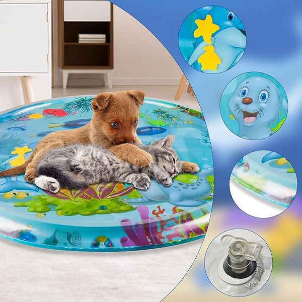 Water Filled Inflatable Play Mat with Floating Sea Pieces, Ocean Print Tummy Time Mat with Air Border and Water Chamber