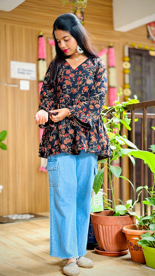 Preet Black Sleeves V neck Kurti